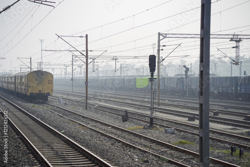 Indian Railway Luggage Van at Rail Yard, Yellow Railway Coach with 