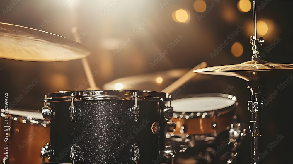 Obraz premium A close-up of a drum set with cymbals, illuminated by soft, warm lighting.
