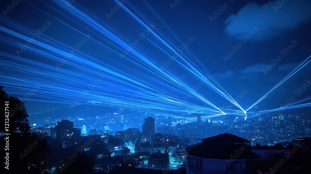 Obraz premium Blue Laser Beams Illuminating Night Cityscape