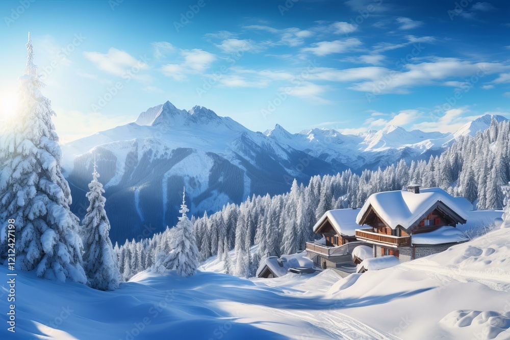 Εκτύπωση καμβά Snow covered chalets bask in the warm glow of sunrise, nestled amidst a breathta