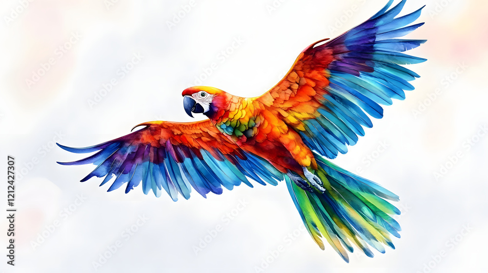 Fototapeta premium Vibrant water color macaw in flight tropical paradise art, aerial view wildlife beauty