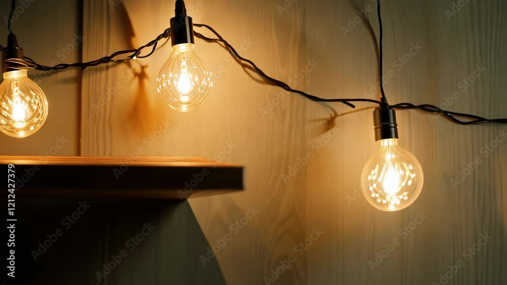 A string of lights with a wooden shelf in the background