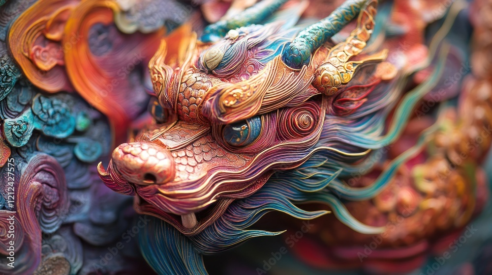 Close-up of a vibrant, intricately carved dragon head, showcasing colorful scales, horns, and detailed facial features. Close-up of a vibrant, intricately carved dragon head, showcasing colorful scales, horns, and detailed facial features.