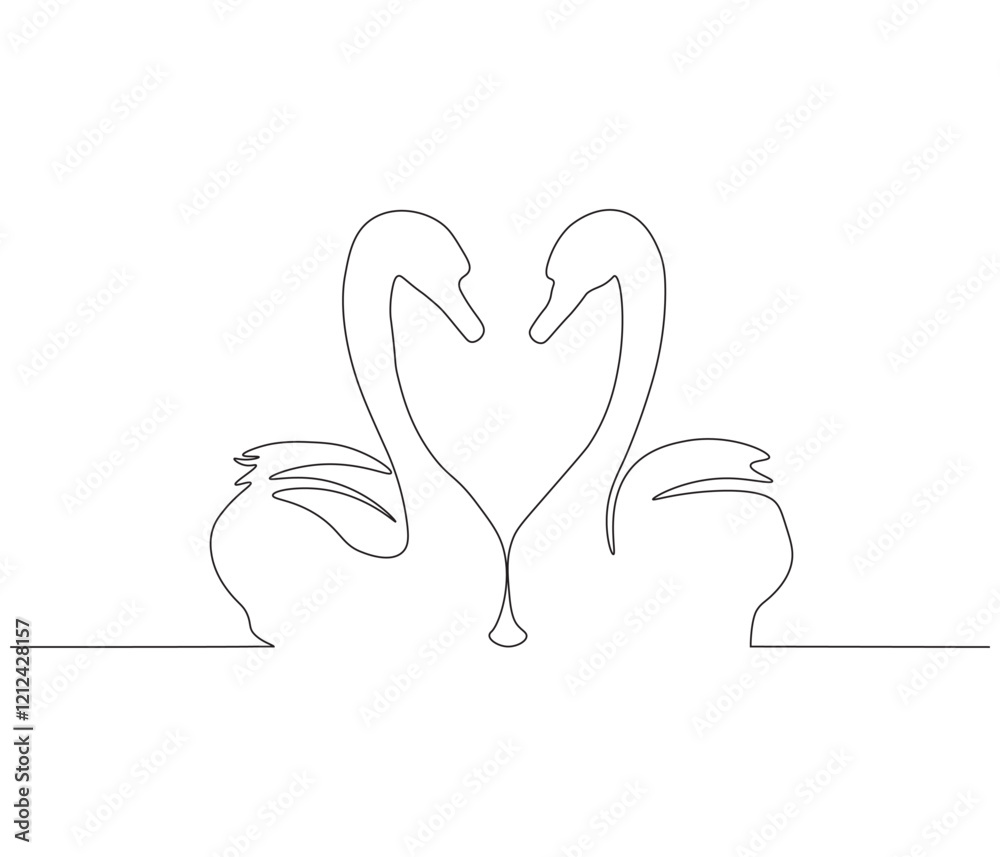 Continuous one line drawing of couple swan. Couple swan symbol of love and loyalty. Single line drawing illustration of couple swan. Concept vector art. Doodle line illustration. Continuous one line drawing of couple swan. Couple swan symbol of love and loyalty. Single line drawing illustration of couple swan. Concept vector art. Doodle line illustration.