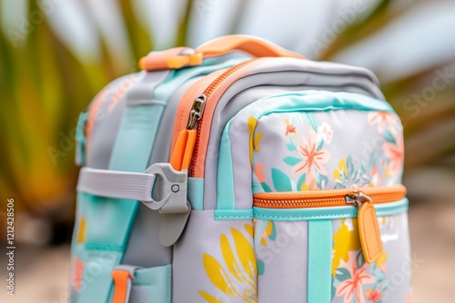 A colorful zipper on a backpack, with a rubber pull tab and reflective details, photographed in a natural outdoor setting