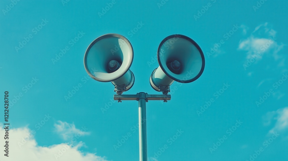 Two large horn loudspeakers mounted on a metal pole project a public announcement, their sound echoing against the clear blue sky. Two large horn loudspeakers mounted on a metal pole project a public announcement, their sound echoing against the clear blue sky.