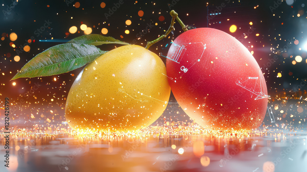 Fototapeta premium detailed digital model of ripe mangoes, showcasing vibrant colors and textures, surrounded by sparkling background. image evokes freshness and tropical vibes