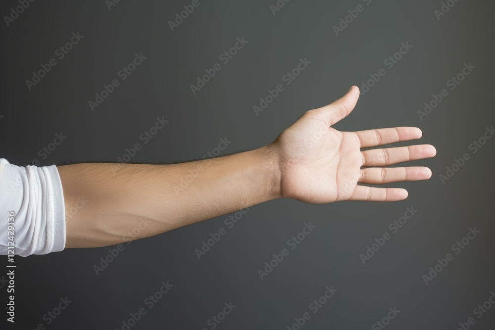 Open hand of a person reaching out on a gray background Open hand of a person reaching out on a gray background