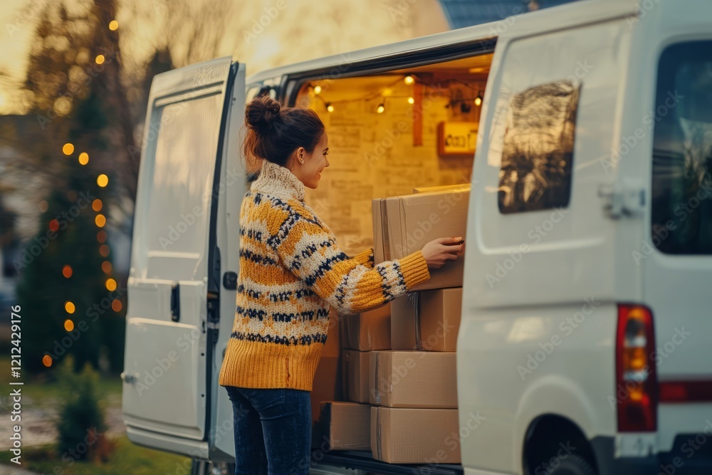 Small business owner carefully unloading cardboard packages from delivery van, festive holiday decorations surrounding home entrance, capturing entrepreneurial spirit and hard work