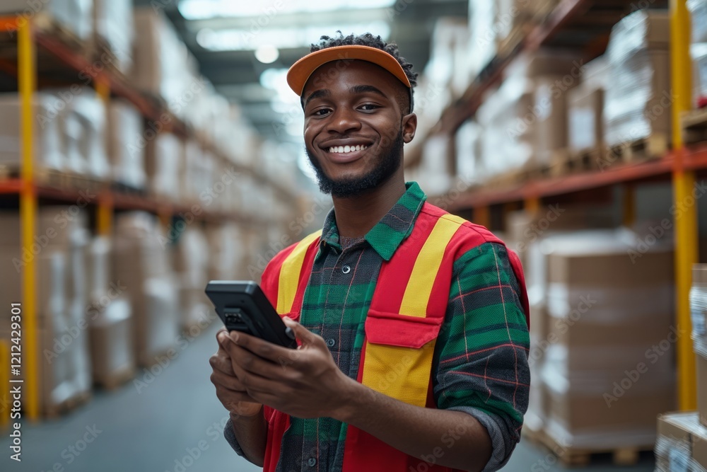 Warehouse worker smiling confidently, operating inventory management app on mobile device, standing amid product shelves, supporting smooth logistics operations