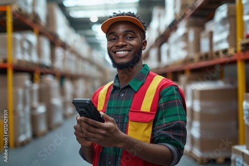 Obraz na płótnie Warehouse worker smiling confidently, operating inventory management app on mobile device, standing amid product shelves, supporting smooth logistics operations w salonie