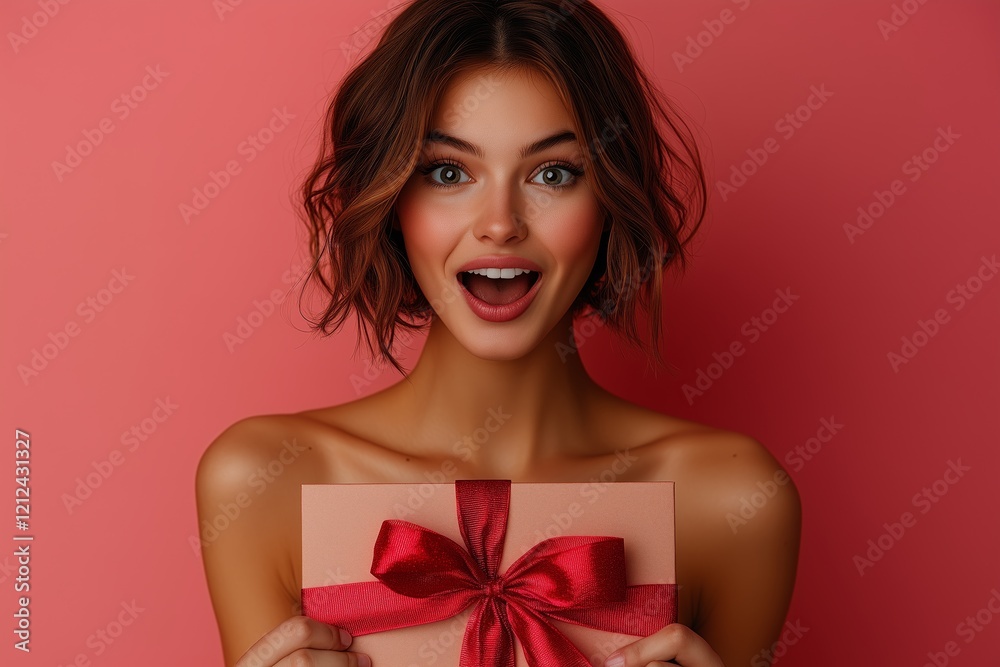 Young excited smiling excited caucasian happy woman with short hairdo hold large gift voucher flyer mock up looking camera isolated on pastel pink color background studio Young excited smiling excited caucasian happy woman with short hairdo hold large gift voucher flyer mock up looking camera isolated on pastel pink color background studio