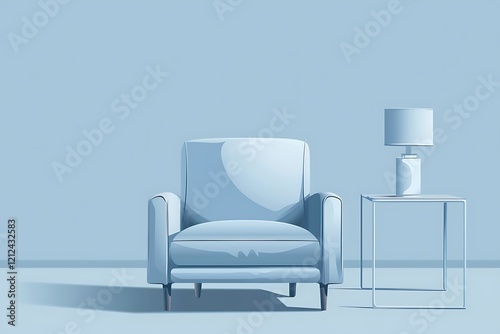 Clean linear icon of a minimalist chair in soft blue, simple lines, and elegant design.