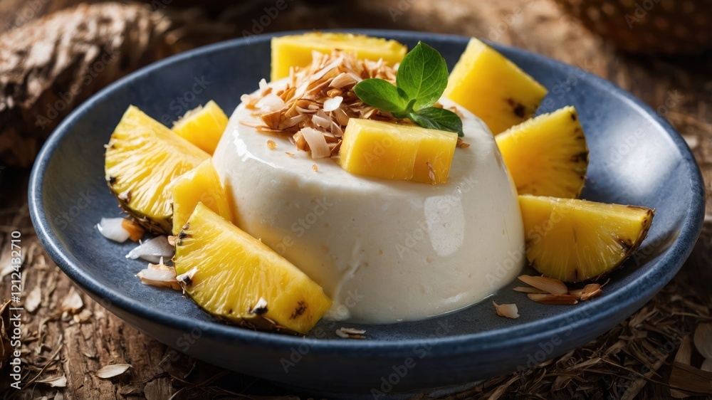 A dessert featuring panna cotta topped with mango, almonds, and served with pineapple slices. A dessert featuring panna cotta topped with mango, almonds, and served with pineapple slices.