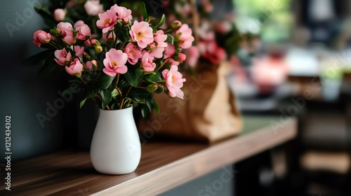 Wallpaper Mural Pink Flowers in a White Vase on a Wooden Shelf Torontodigital.ca