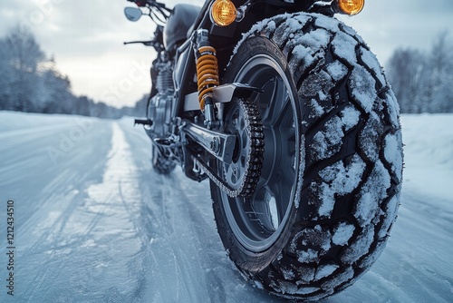 Motorcycle equipped with winter tires navigates an icy track in cold weather