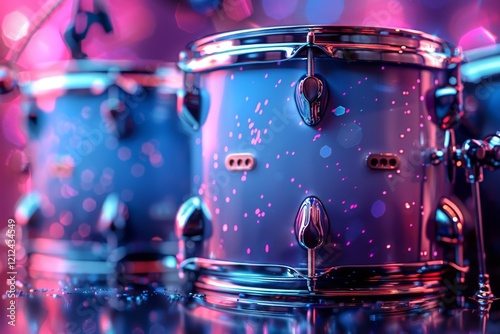 Vibrant drum set shines under colorful lights at a music event showcasing talented artists photo