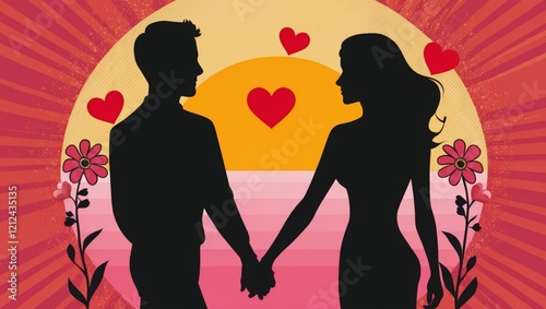Silhouettes of men and women holding hands in the rays of the sunset. Hearts and flowers float around them, creating a romantic atmosphere. Perfect for Valentines Day.