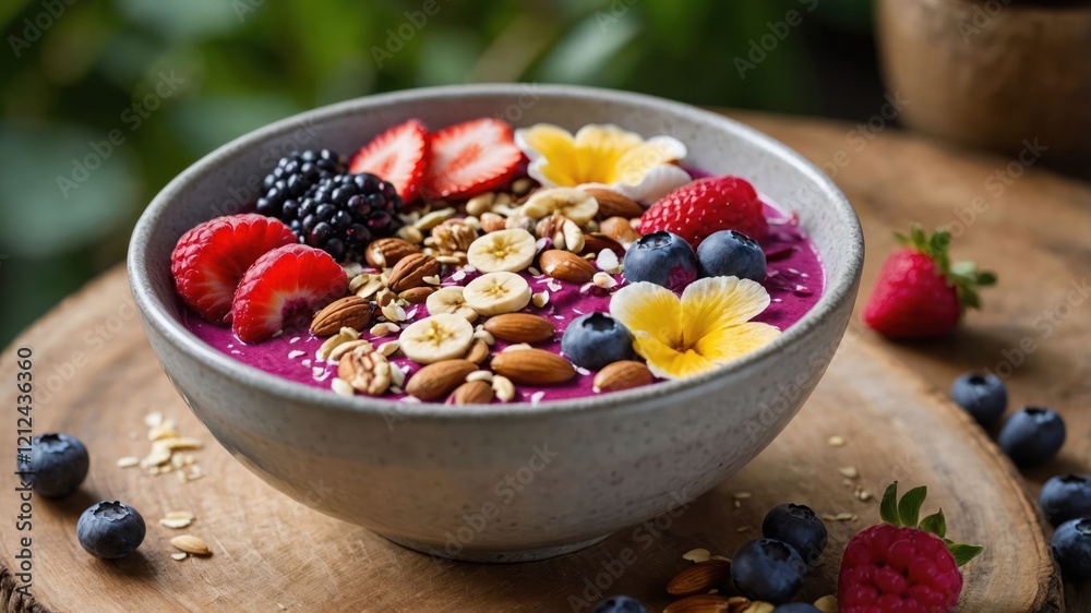 A vibrant smoothie bowl topped with fruits, nuts, and seeds, showcasing a healthy breakfast option. A vibrant smoothie bowl topped with fruits, nuts, and seeds, showcasing a healthy breakfast option.