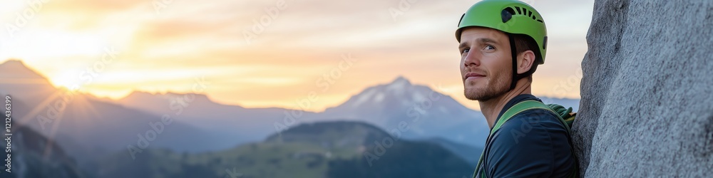 A man in a green helmet stands on a rock overlooking a mountain range. The sun is setting in the background, casting a warm glow over the scene. The man is enjoying the view A man in a green helmet stands on a rock overlooking a mountain range. The sun is setting in the background, casting a warm glow over the scene. The man is enjoying the view