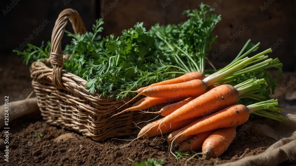A basket of fresh carrots and greens on soil, emphasizing natural produce and gardening. A basket of fresh carrots and greens on soil, emphasizing natural produce and gardening.