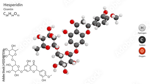 Molecule: Hesperidin. Molecular structure. Formula: C28H34O15. Chemical model: Ball and stick. White background. 3D illustration. photo