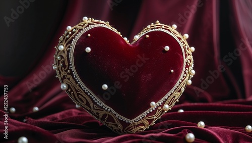 A Velvet Heart with Intricate Pearl Details, Perfect for Romantic Gift Giving or Elegant Valentine's Day Decor photo