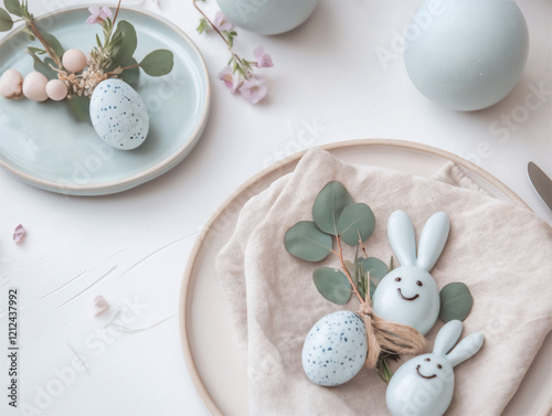Minimalistic Easter table setting with linen napkins, eucalyptus, and pastel blue eggs