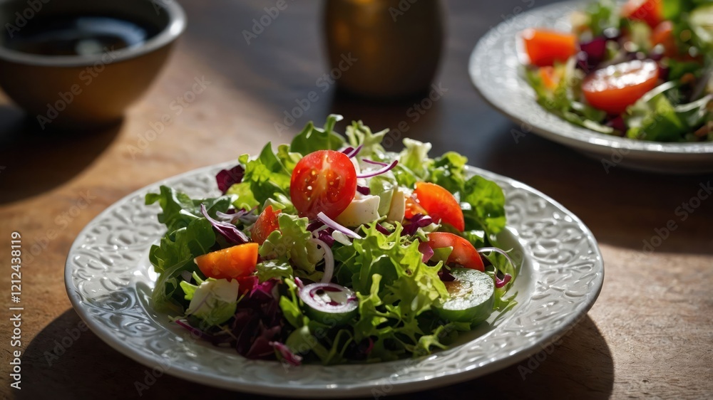 A fresh salad served on a decorative plate, showcasing vibrant vegetables and greens. A fresh salad served on a decorative plate, showcasing vibrant vegetables and greens.