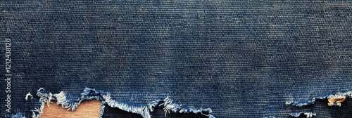 Frayed blue denim fabric close-up of worn textured material with unraveling edges