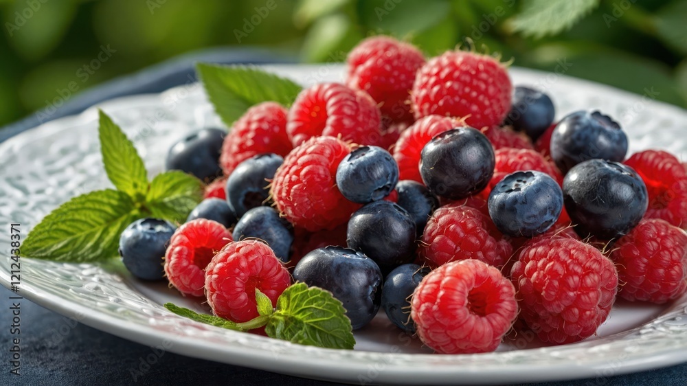A vibrant assortment of raspberries and blueberries garnished with mint leaves on a plate. A vibrant assortment of raspberries and blueberries garnished with mint leaves on a plate.