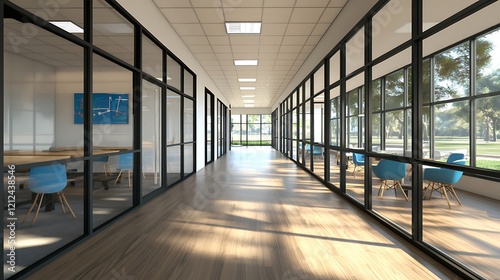 Modern Office Corridor with Natural Light and Glass Walls