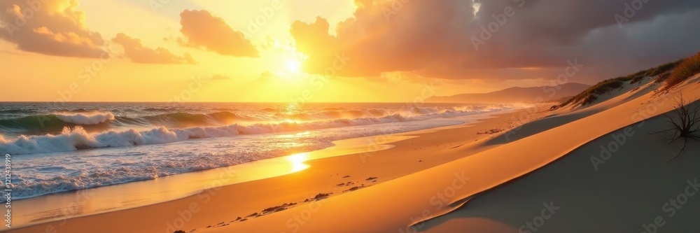 Golden hour light bathes sand dunes, ocean waves , red, twilight, landscape Golden hour light bathes sand dunes, ocean waves , red, twilight, landscape