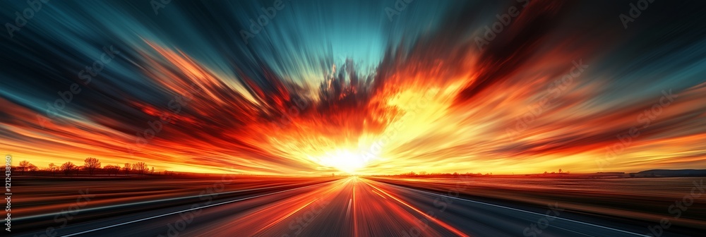 Obraz premium A cargo truck travels swiftly down a highway, surrounded by a breathtaking sunset. The sky is filled with vibrant colors and dramatic clouds, creating a picturesque backdrop