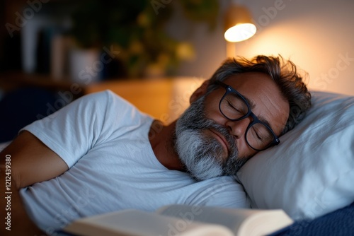 A serene scene of an older man sleeping peacefully with an open book beside him, basking in the warm glow of a cozy lamp, depicting tranquility and relaxation in daily life. photo