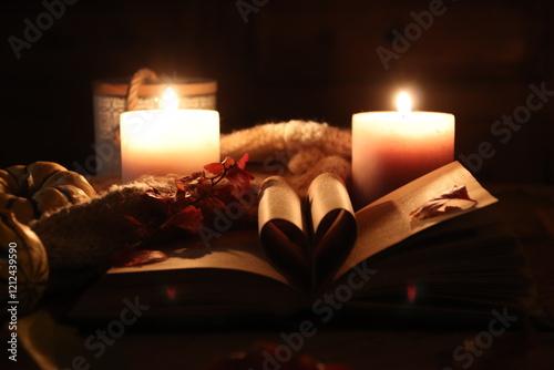 Wallpaper Mural Heart-Shaped Book Pages with Candlelights Torontodigital.ca