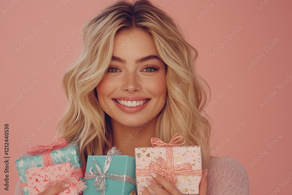 Excited pretty blonde lady holding stack of gift boxes over pink studio background. Celebrating Woman's Day, Valentine's, birthday, anniversary. Shopping for holiday concept Excited pretty blonde lady holding stack of gift boxes over pink studio background. Celebrating Woman's Day, Valentine's, birthday, anniversary. Shopping for holiday concept