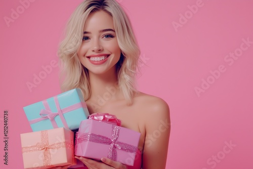 Excited pretty blonde lady holding stack of gift boxes over pink studio background. Celebrating Woman's Day, Valentine's, birthday, anniversary. Shopping for holiday concept