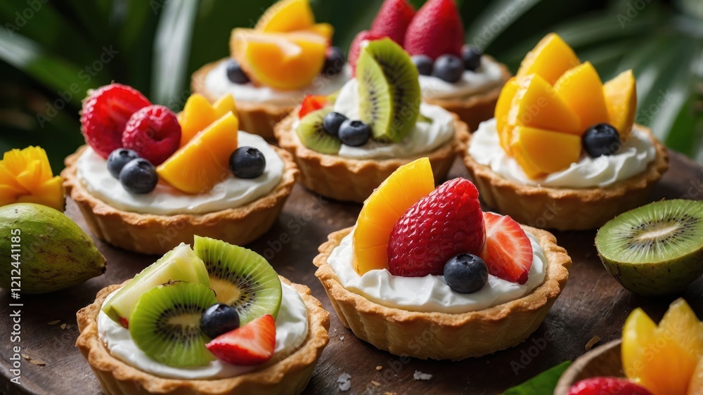 A platter of fruit tarts topped with fresh berries and cream, showcasing vibrant colors. A platter of fruit tarts topped with fresh berries and cream, showcasing vibrant colors.