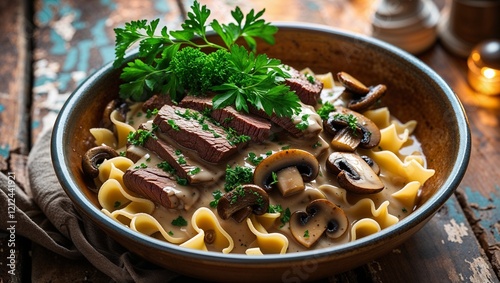 A Bowl of Creamy Beef Stroganoff with Mushrooms and Egg Noodles, Garnished with Fresh Parsley for a Cozy Dinner photo