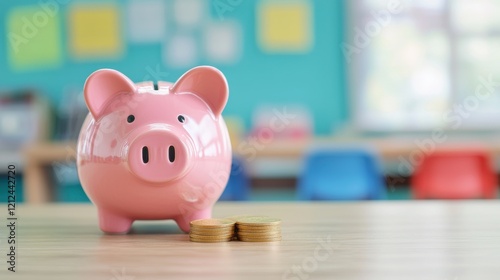 A colorful piggy bank sits on a wooden table, symbolizing savings and financial planning, with coins stacked beside it, creating a cheerful atmosphere. photo