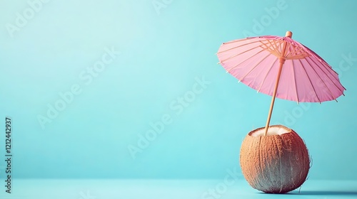 Tropical coconut drink with pink umbrella decor. photo