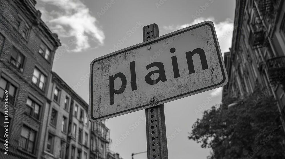 Urban street view featuring a simple road sign with the word 'plain' against a backdrop of historic architectural buildings and cloudy sky Urban street view featuring a simple road sign with the word 'plain' against a backdrop of historic architectural buildings and cloudy sky