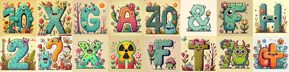 Naklejka premium Spring monsters Lettering Typeface. AI generated illustration