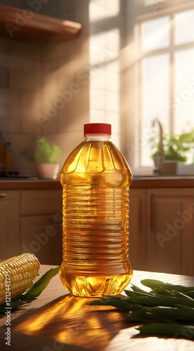 Cooking Oil: Bottle, Corn, & Peas in Sunlight photo