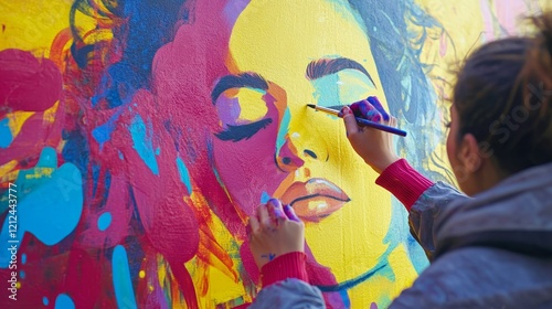 Muralist painting a portrait on a wall