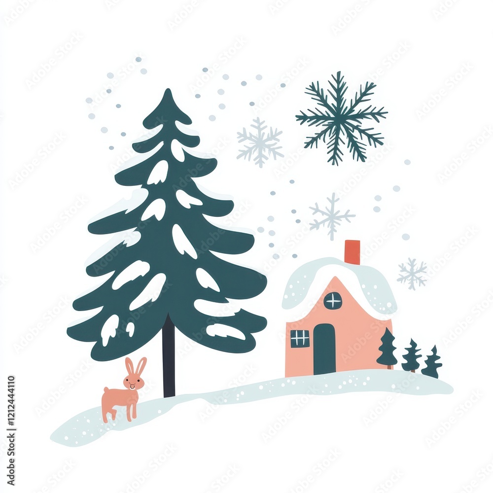 Winter wonderland snowy pine tree rabbit and cabin illustration on white background Winter wonderland snowy pine tree rabbit and cabin illustration on white background