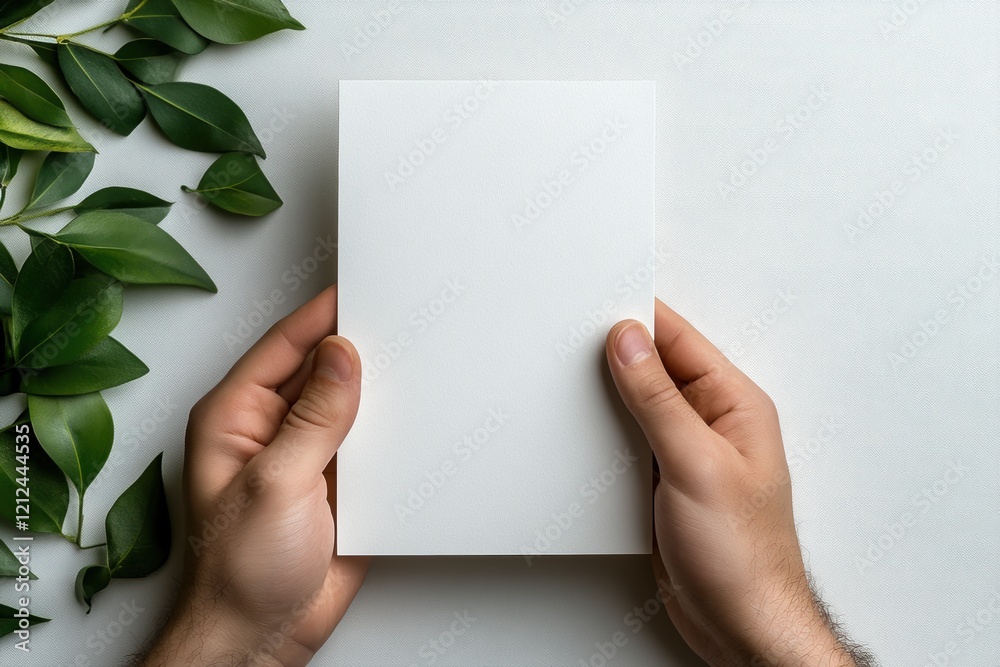 Blank leaflet held gently in hands against a serene backdrop of green foliage enhancing its simplicity Blank leaflet held gently in hands against a serene backdrop of green foliage enhancing its simplicity