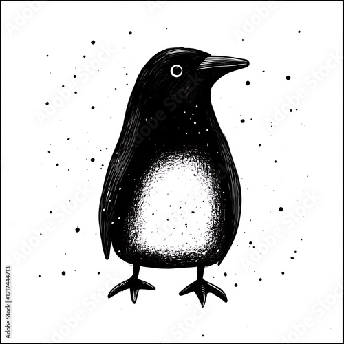 Simple black and white drawing of a bird, possibly a crow or magpie, against a dotted background. Suitable for children's book illustrations or digital art prints photo