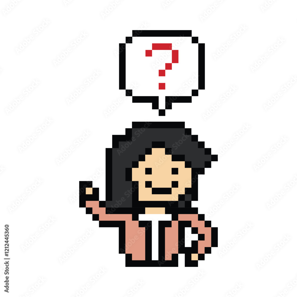 Obraz premium Cute pixel cartoon character woman with question mark decoration 8 bit female girl lady confused idea question mark think choose cartoon pixel game 8bit png vector.